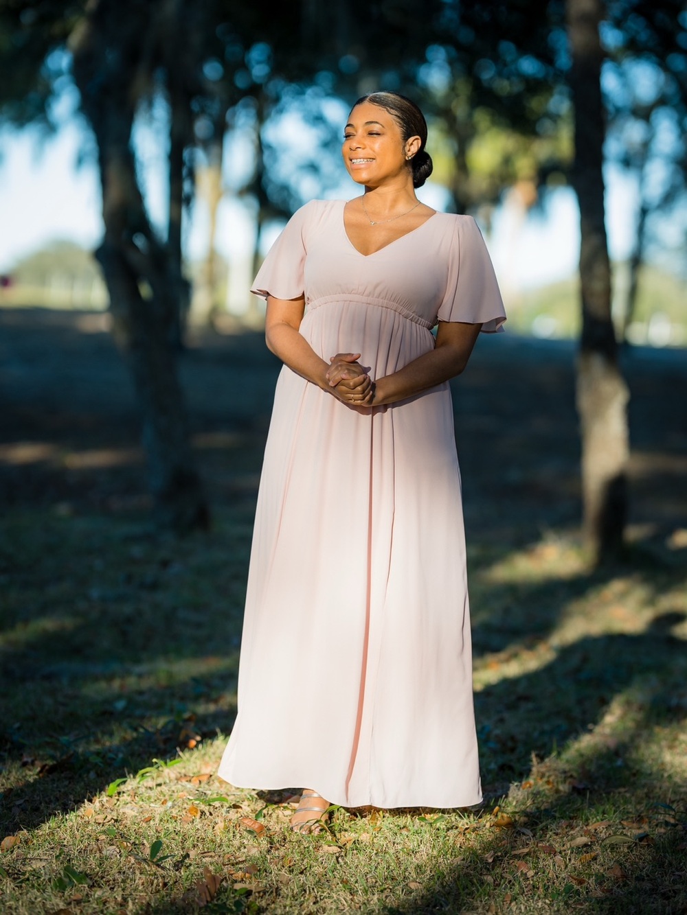 Elegant V-Neck Flutter Sleeve Maxi Dress - Blush Pink